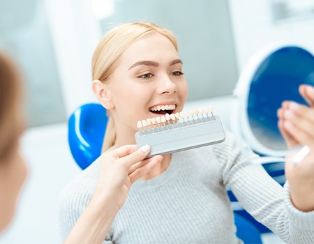 Woman's smile compared with tooth color chart